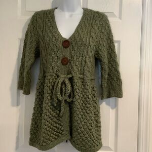 KAISELY Green Alpaca/Wool Minimalist Coastal Grandma Cozy Cableknit Cardigan L